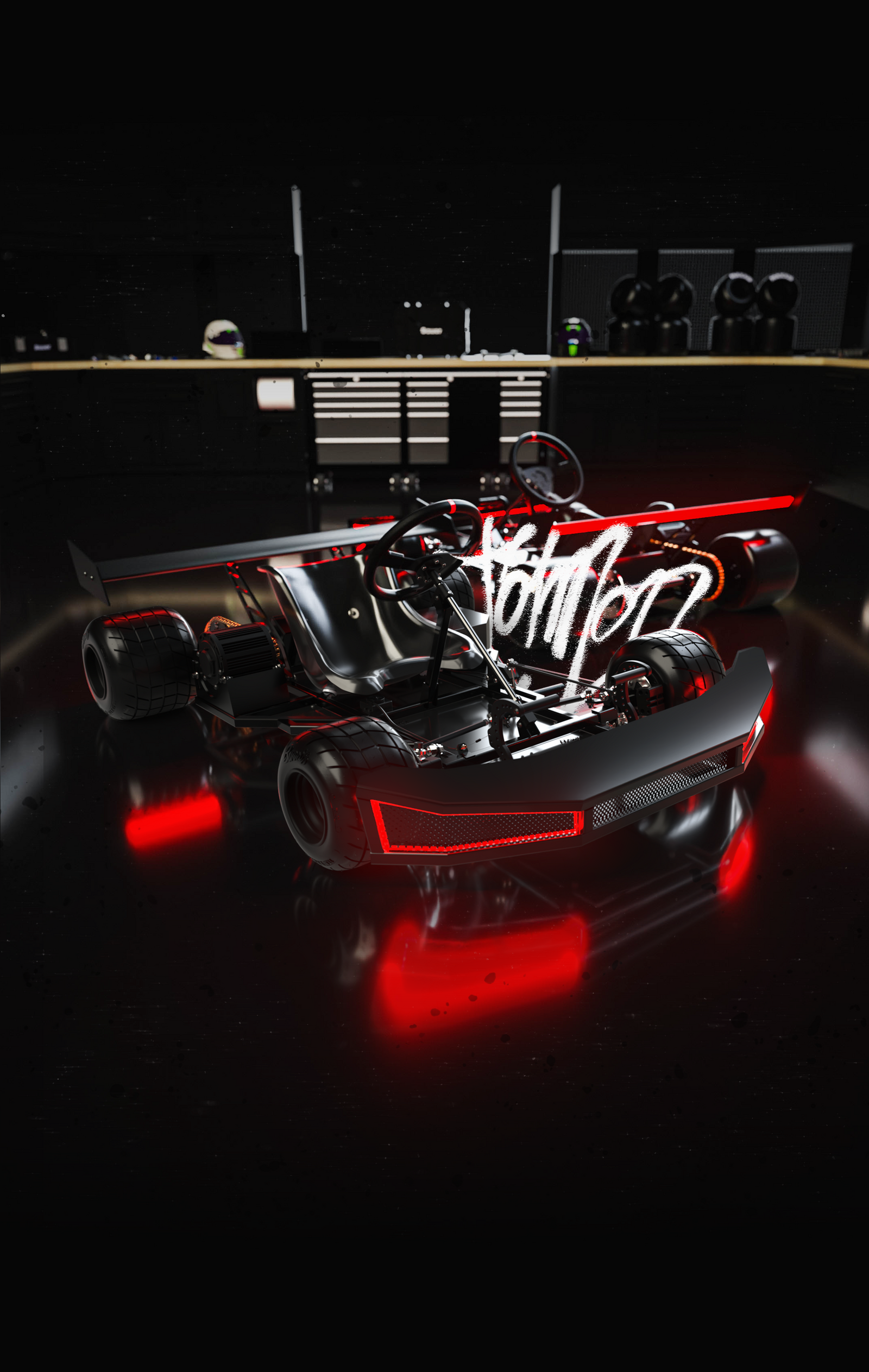 Nighthawk Titan electric hyper kart in a dark workshop